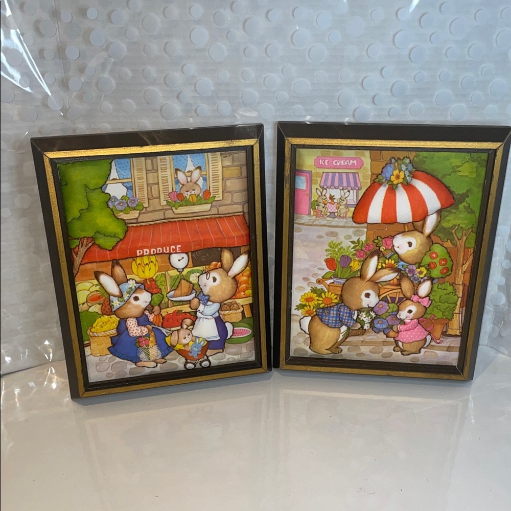Vintage Quilted 🐰🍇🍎Bunny Market Framed Art Set